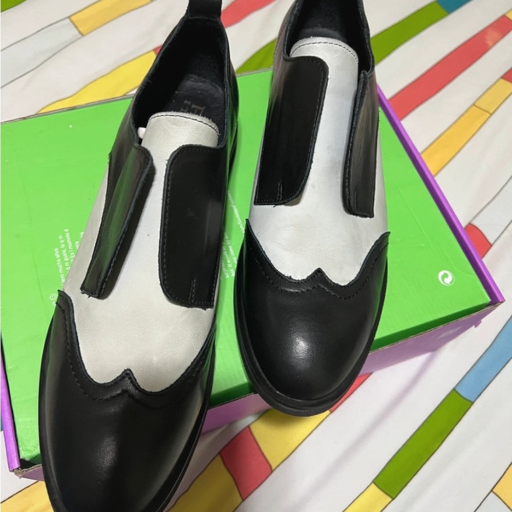 Black and White Slip-On Women's Brogue Loafers